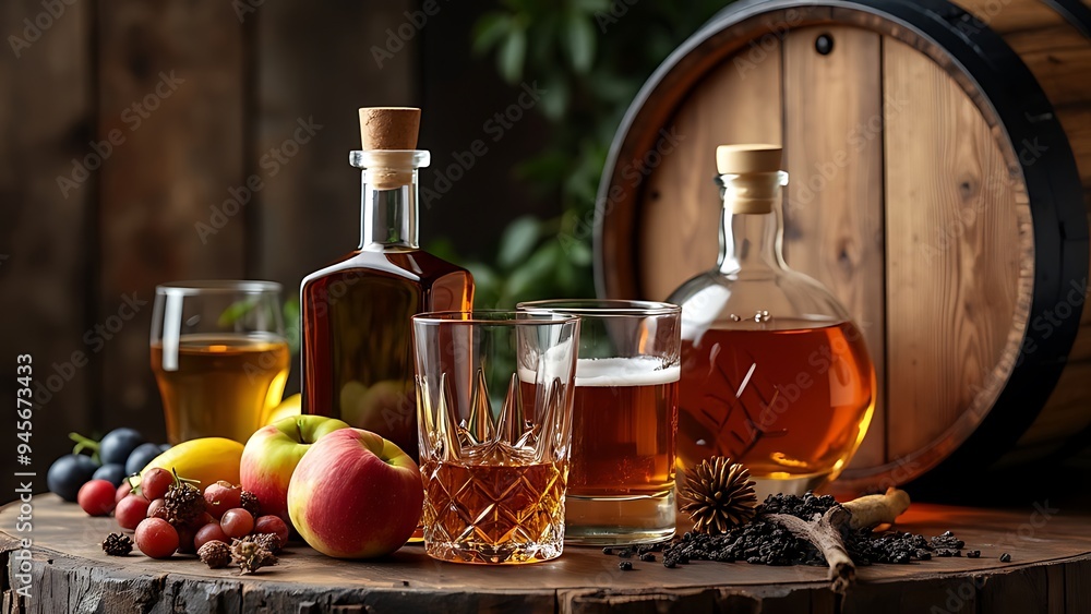 Still life with different alcoholic drinks and wooden barrel Still life with different alcoholic drinks and wooden barrel