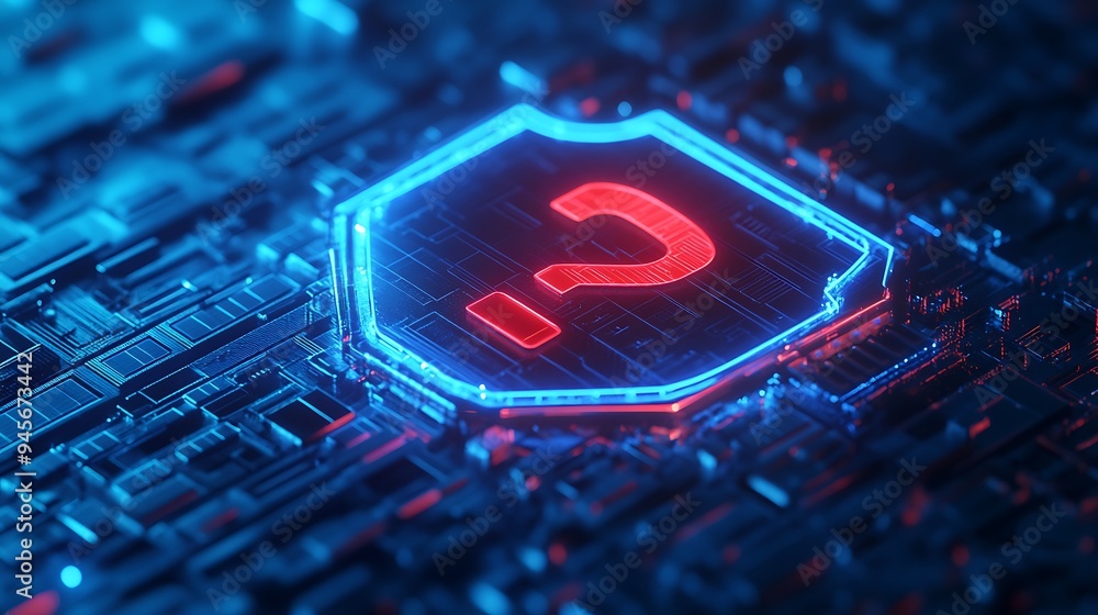 Futuristic cybersecurity concept with a glowing red question mark on a ...
