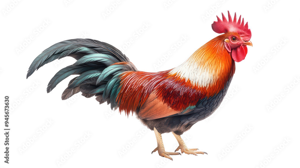 A rooster with a black and white head and a red and black body A rooster with a black and white head and a red and black body