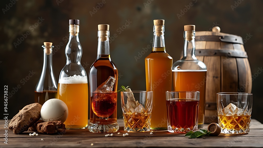 Still life with different alcoholic drinks and wooden barrel Still life with different alcoholic drinks and wooden barrel