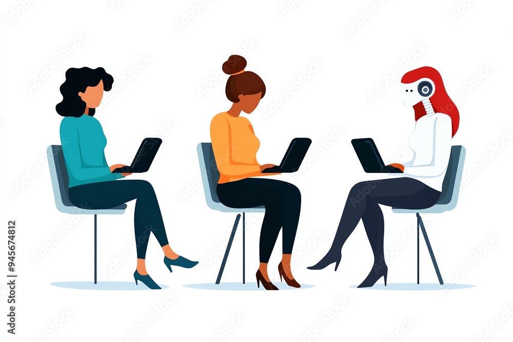 Three women working together on laptops in a modern workspace, showcasing collaboration and technology in a professional environment. Three women working together on laptops in a modern workspace, showcasing collaboration and technology in a professional environment.