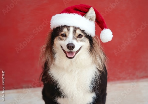 A cheerful fluffy dog wearing a Santa hat against a red background, ideal for festive holiday greetings, Christmas promotions, and joyful seasonal advertisements, evoking warmth and excitement, photo