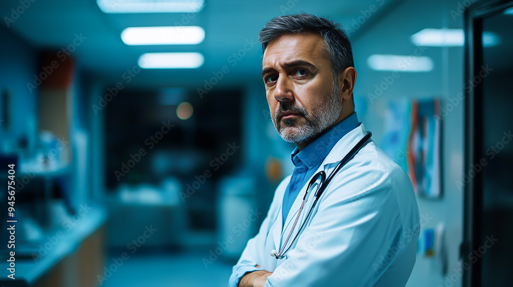 doctor white coat in medical office, portrait of sad man doctor close up doctor white coat in medical office, portrait of sad man doctor close up