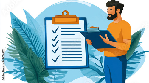 Project manager checking giant checklist on clipboard with tropical leaves in background