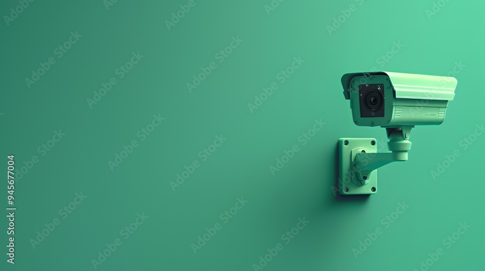 A green surveillance camera mounted on a wall, symbolizing security and monitoring. A green surveillance camera mounted on a wall, symbolizing security and monitoring.