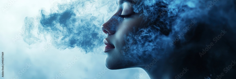 A serene profile of a woman with swirling smoke, evoking a sense of calm and introspection. A serene profile of a woman with swirling smoke, evoking a sense of calm and introspection.