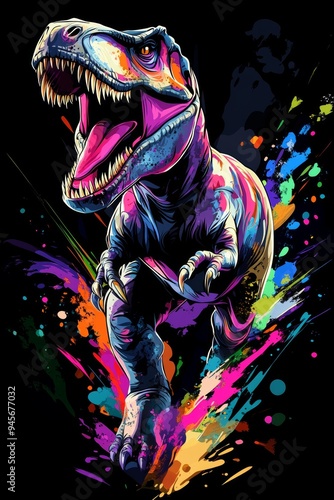 A graphic highlighter line shows an abstract T-Rex holding a rainbow-colored ultra-bright neon artistic portrait in an abstract style