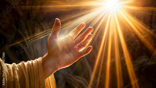 Jesus hand reaching out in rays of light, symbolizing hope and divine intervention new stock image illustration AI