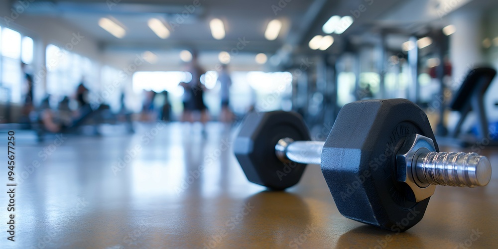 A dumbbell rests on the gym floor as individuals engage in various workouts in the bright, energetic space during the late afternoon. The atmosphere is focused on fitness and health A dumbbell rests on the gym floor as individuals engage in various workouts in the bright, energetic space during the late afternoon. The atmosphere is focused on fitness and health