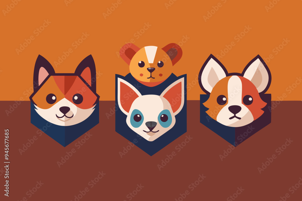Fototapeta premium 6 Adorable Animal Head Logos: Rabbit, Cat, Dog, Cow, Pig, Panda | Vector Icons 