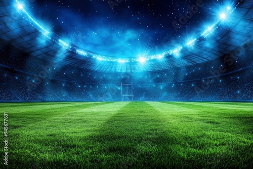 beautiful sports stadium with a green grass field shines with blue spotlights at night with stars. Sports tournament, world championship , ai