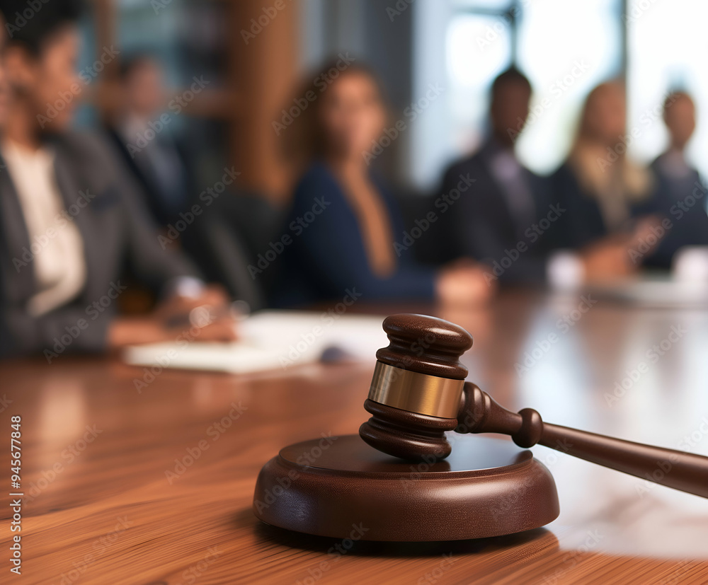 A gavel is placed on a wooden table as attendees engage in discussion during a formal meeting in a contemporary boardroom setting A gavel is placed on a wooden table as attendees engage in discussion during a formal meeting in a contemporary boardroom setting