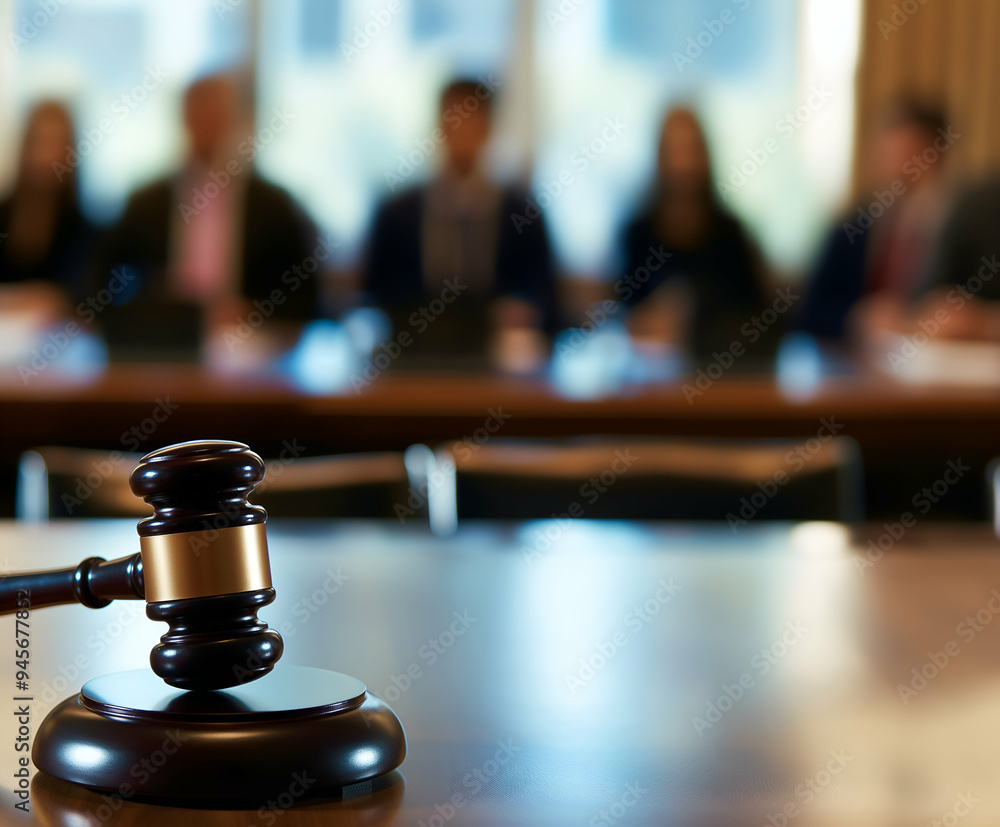 A gavel is positioned prominently on a polished table, with a group of people engaged in discussion at the back of a contemporary boardroom, suggesting a formal decision-making process A gavel is positioned prominently on a polished table, with a group of people engaged in discussion at the back of a contemporary boardroom, suggesting a formal decision-making process