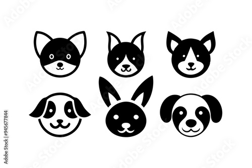 6 adorable animal head logos rabbit cat dog vector illustration  