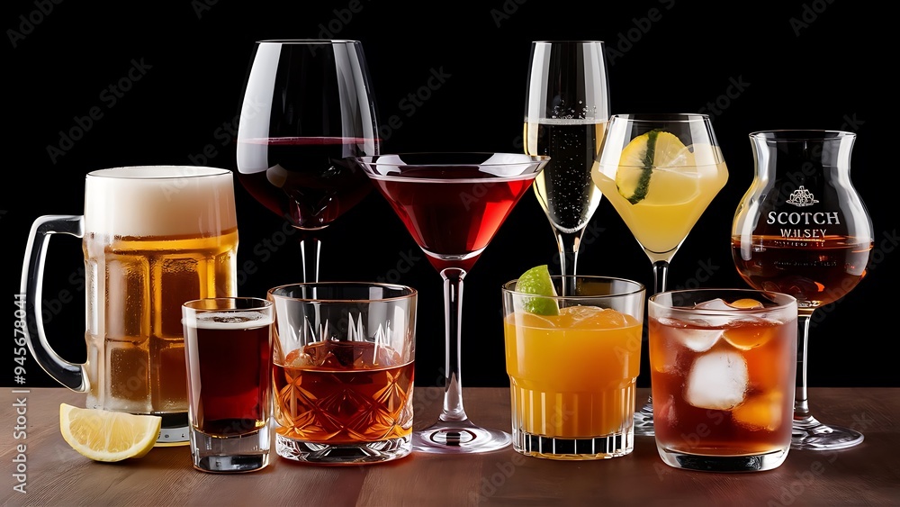 Different alcohol drinks set - beer, wine, cocktail,juice, champagne, scotch, soda Different alcohol drinks set - beer, wine, cocktail,juice, champagne, scotch, soda