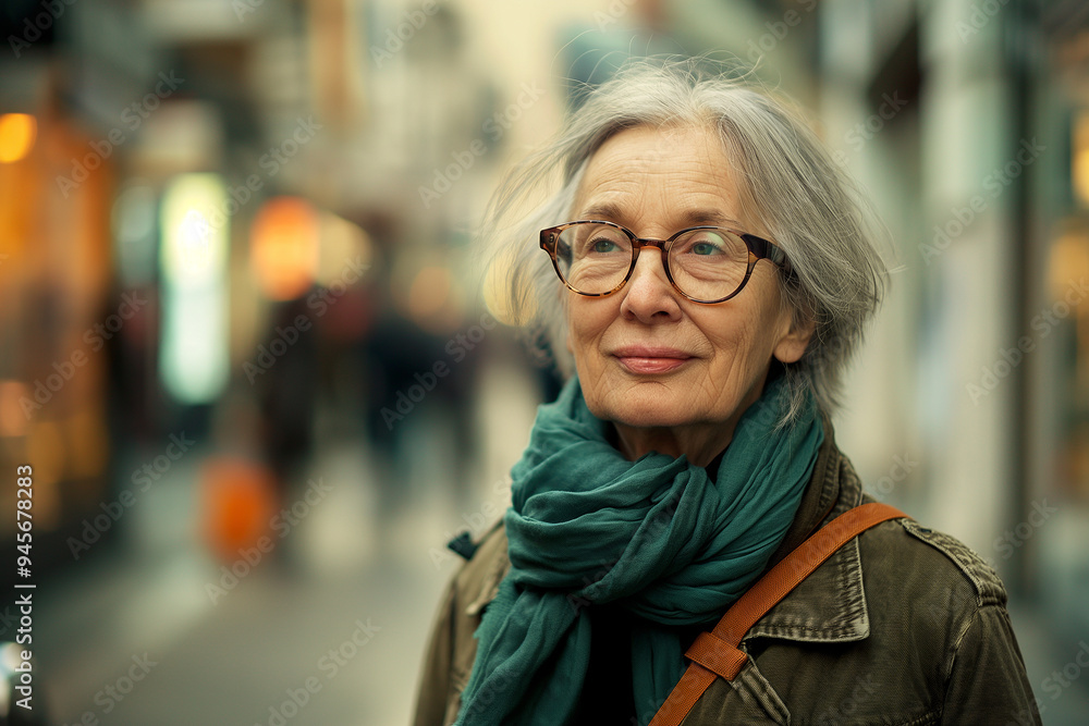 A woman wearing glasses and a green scarf stands on a sidewalk A woman wearing glasses and a green scarf stands on a sidewalk