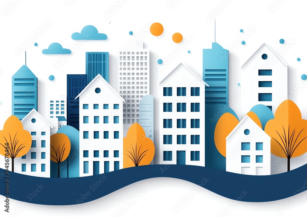 A colorful urban skyline featuring modern buildings and vibrant trees, perfect for cityscape illustrations and design projects. A colorful urban skyline featuring modern buildings and vibrant trees, perfect for cityscape illustrations and design projects.