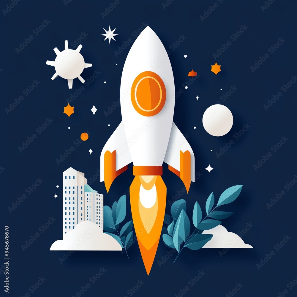 A vibrant rocket launching into space, surrounded by stars and buildings, symbolizing innovation and exploration. A vibrant rocket launching into space, surrounded by stars and buildings, symbolizing innovation and exploration.