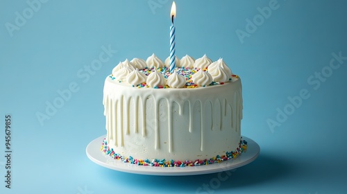 A festive birthday cake takes center stage against a blue backdrop. Its white icing cascades like a delicate waterfall, while buttercream swirls gracefully atop.