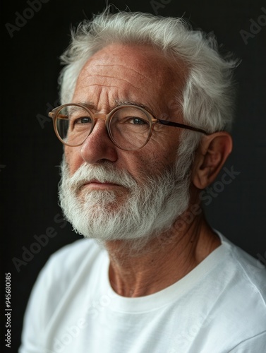 An elderly man with white hair and round glasses gazes confidently, his beard framing a serene expression while wearing a simple white shirt. Generative AI