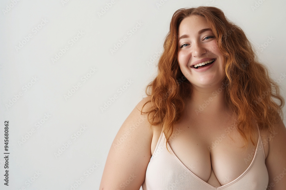 Naklejka premium A woman with red hair is smiling and wearing a white bra
