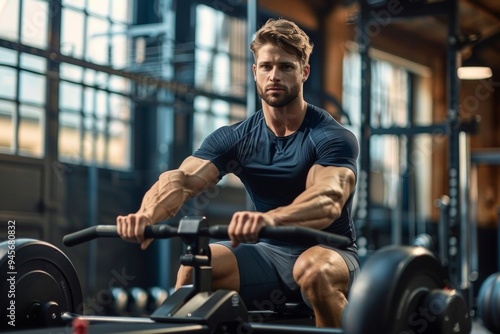 A man is sitting on a rowing machine in a gym