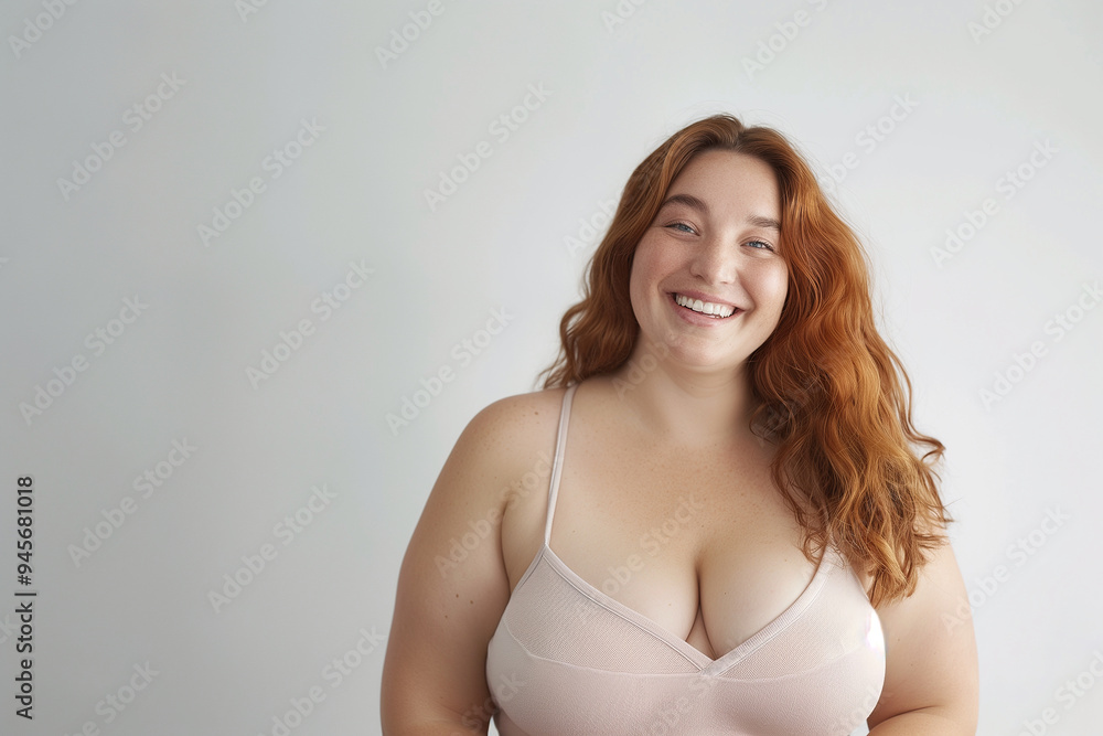 A woman with a large bust is smiling and wearing a pink bra A woman with a large bust is smiling and wearing a pink bra