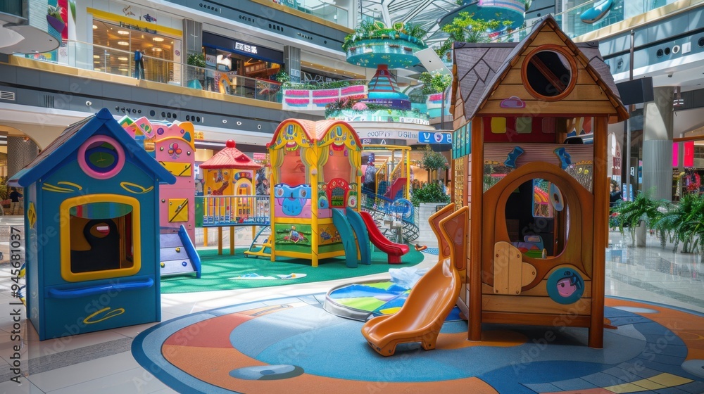 Vibrant playhouse in bustling shopping mall enhancing family engagement and entertainment for children Vibrant playhouse in bustling shopping mall enhancing family engagement and entertainment for children