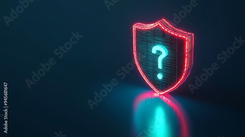 Glowing question mark inside a shield symbolizing cybersecurity enquiry or digital protection on a dark blue background.