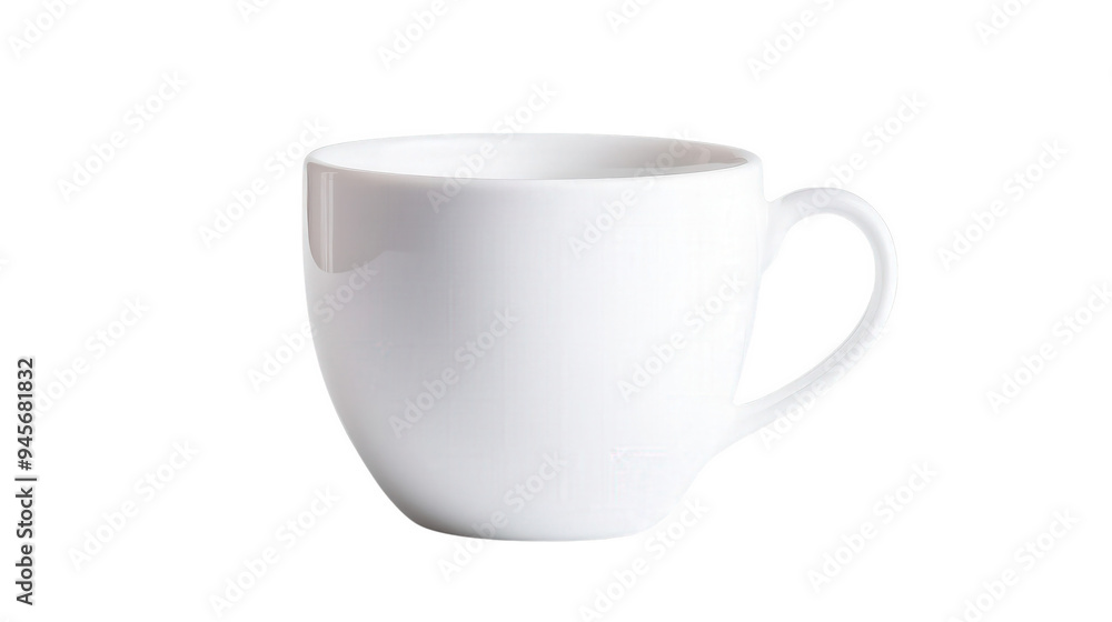A white cup with a handle sits on a white background A white cup with a handle sits on a white background