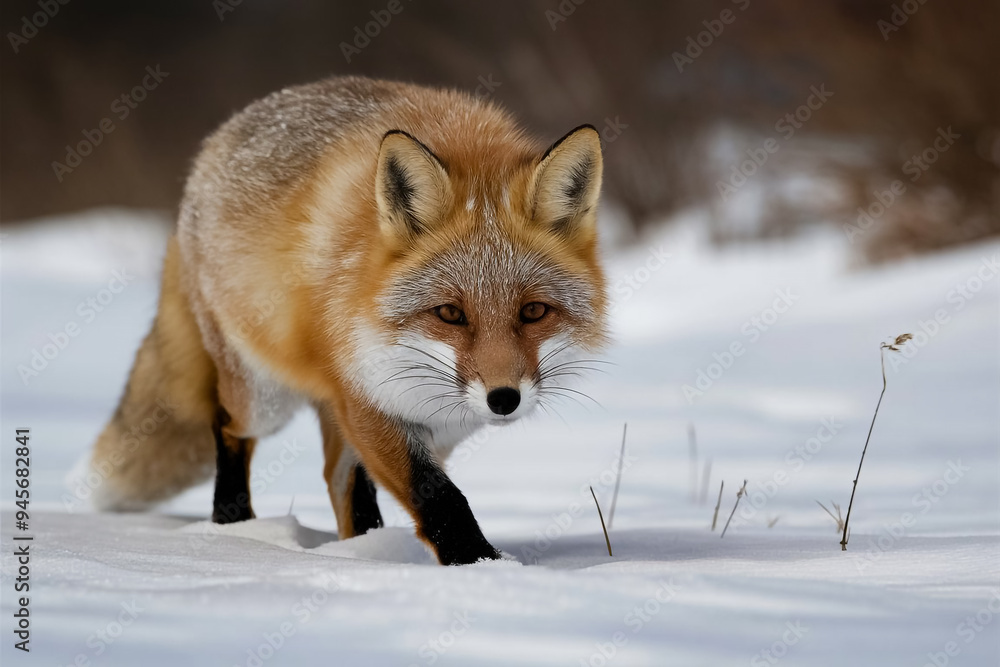 a red fox as it prowls through the snow a red fox as it prowls through the snow