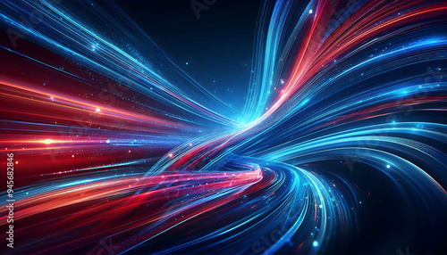 Abstract digital artwork featuring vibrant blue and red light trails swirling against a dark background with glowing dots that add depth and dimension to the design