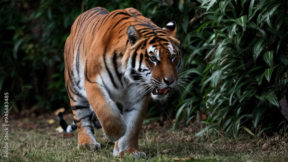 a tiger as it steps out from the dense foliage a tiger as it steps out from the dense foliage