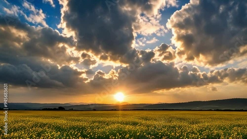 4K timelapse footage of sunrise viewed from top of mountain, sun rising from clouds horizon, golden sun with warm clouds and blue sky background.