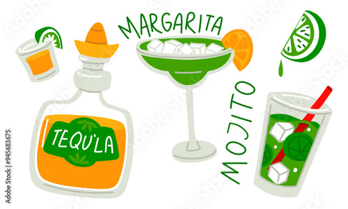 set of Margarita, Mojito, Tequila cocktails in a glass. stack with a slice of lemon, lime, hand-drawn, with ice cubes. Vector vivid illustration. Mexican refreshing green, yellow drink. With a name