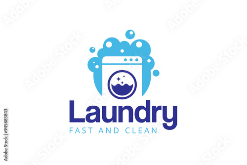 Laundry logo design template. Washing machine with bubbles illustration concept for laundry logo