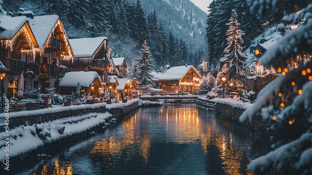 Fototapeta premium Charming snow-covered village at sunset with twinkling lights and a flowing river