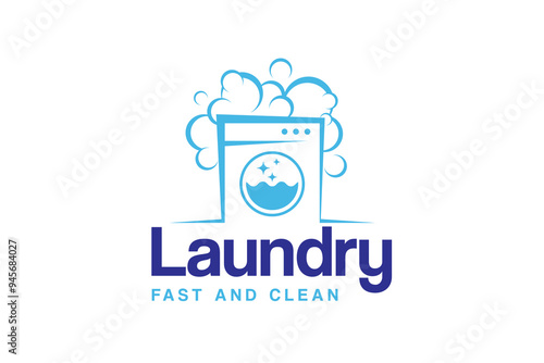 Laundry logo design template. Washing machine with bubbles illustration concept for laundry logo