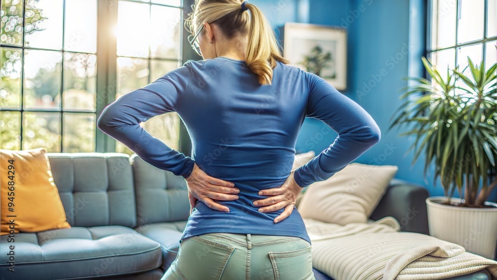 woman suffering from pain in lower back at home woman suffering from pain in lower back at home