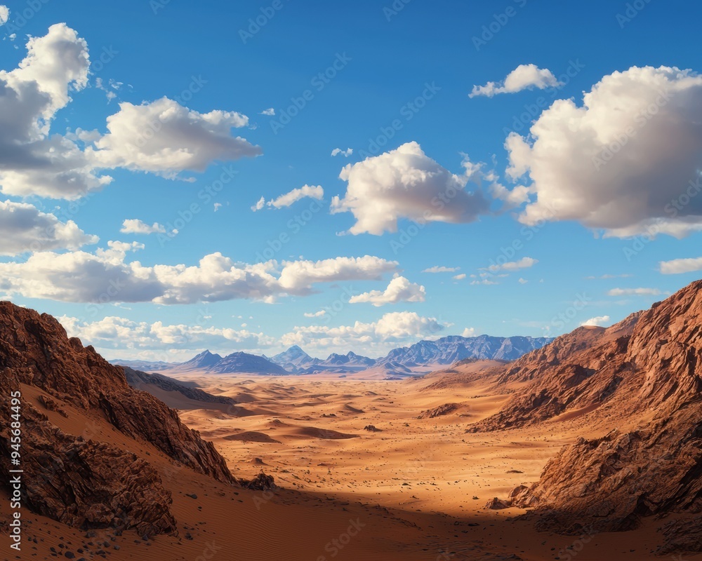 Fototapeta premium Vast Desert Landscape with Rocky Mountains and Clear Blue Sky on a Sunny Day