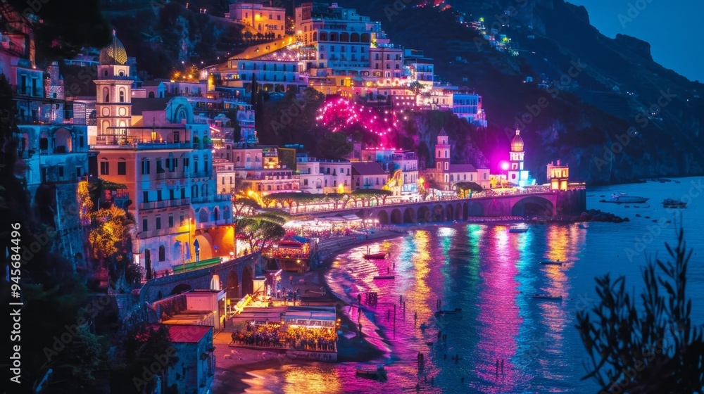 Fototapeta premium A stunning view of a coastal town illuminated by vibrant lights at night