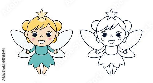 Happy fairy with star on head and colorless version for coloring. Vector cartoon illustration.