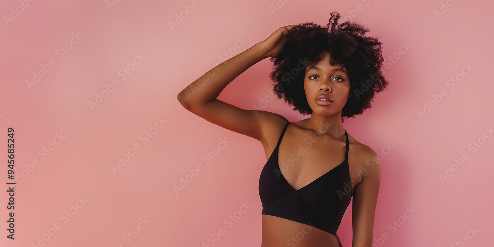A woman with a black bra and a ponytail is standing in front of a pink wall A woman with a black bra and a ponytail is standing in front of a pink wall