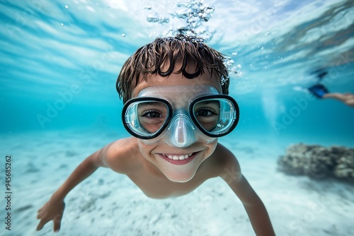 Summer vacation portrait of a child wearing swimming goggles having fun in the pool