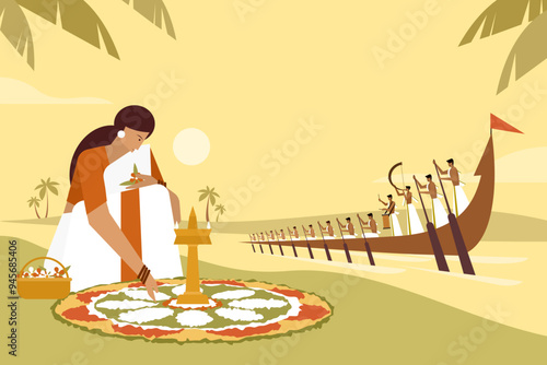 A woman making floral designs in the background of traditional boat race. Concept of Onam festival in Kerala
