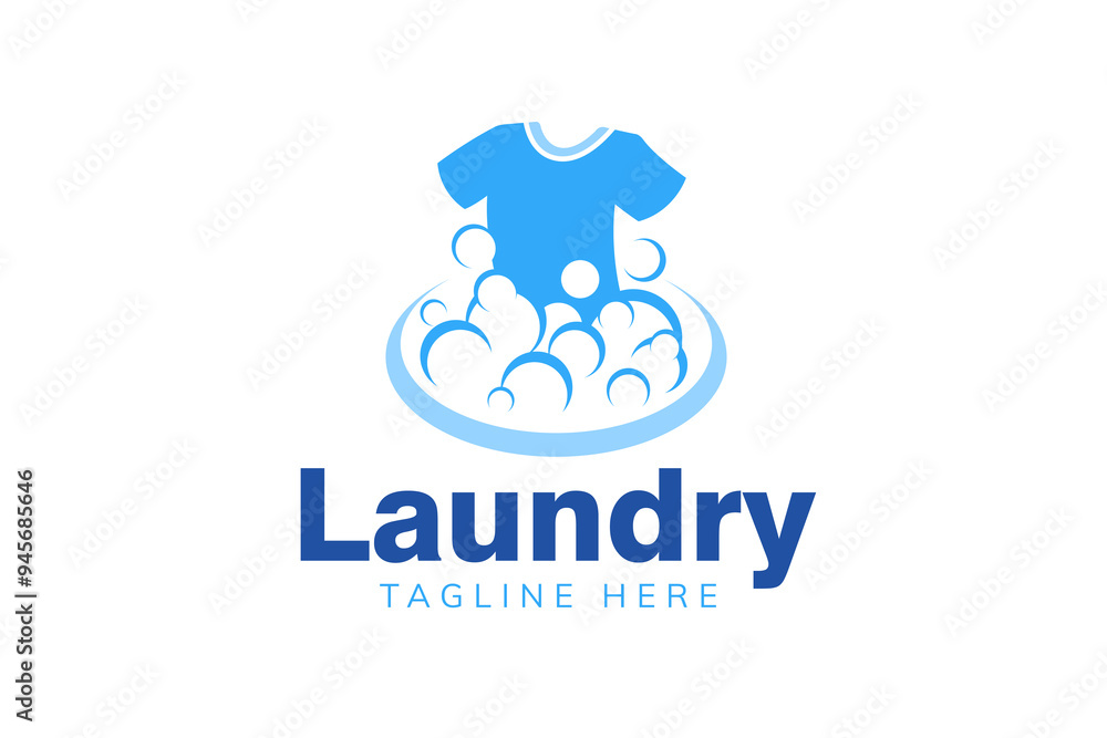 Obraz premium Laundry logo design template. Clothes illustration with detergent bubbles for laundry service logo