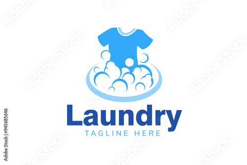 Laundry logo design template. Clothes illustration with detergent bubbles for laundry service logo