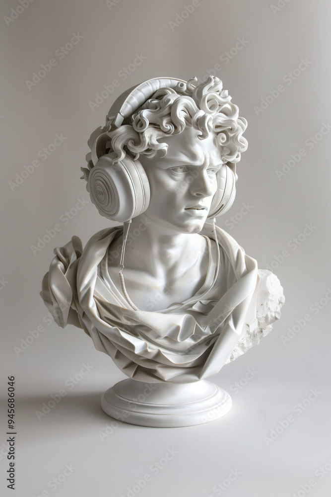 stone bust ancient greek style sculpture of man with headphones minimalist black background stone bust ancient greek style sculpture of man with headphones minimalist black background