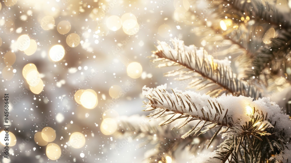 Snowy Christmas Tree Branches with Golden Lights Snowy Christmas Tree Branches with Golden Lights