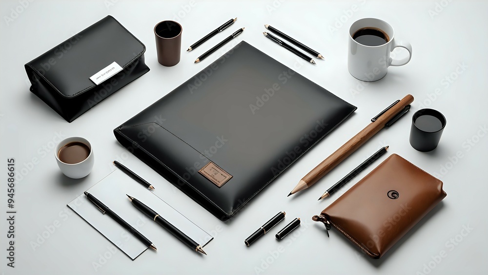 Flat lay of a white table with leather pouches, pens, pencils and coffee cups. Flat lay of a white table with leather pouches, pens, pencils and coffee cups.
